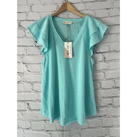 NEW IN Women's V-Neck Flutter Short Sleeves Aqua Medium‎ NEW - Picture 1 of 6